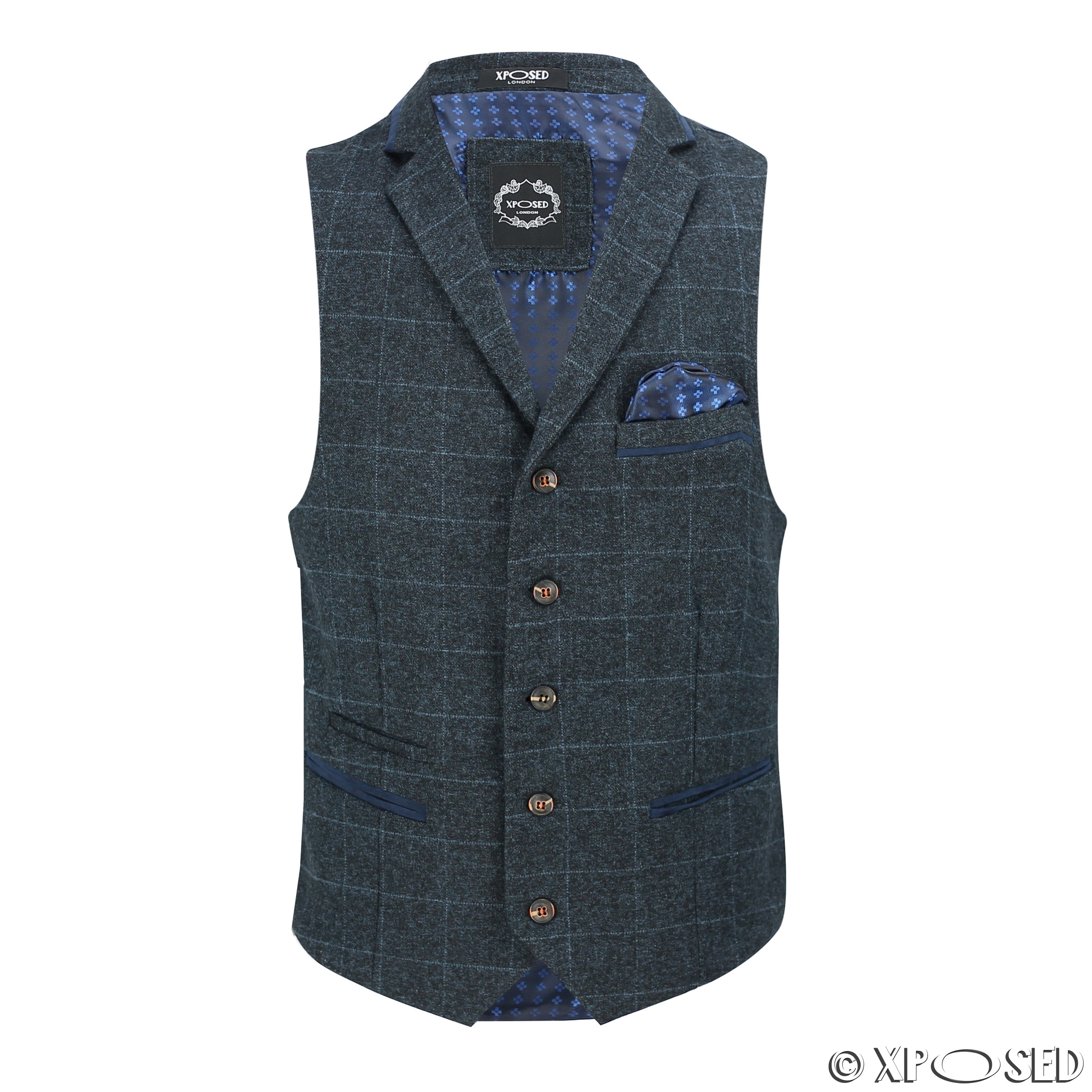 Mens Herringbone Tweed Check Vintage Collar Waistcoat Casual Tailored